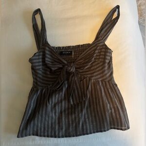 Storia Black and Gray Striped Tie-Front Camisole Top